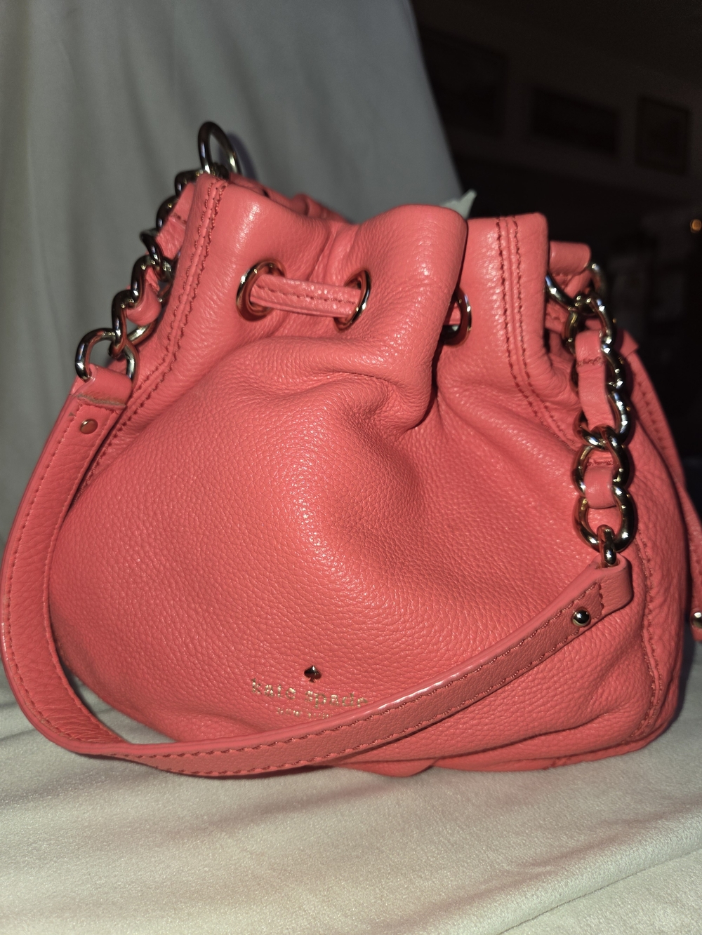 kate spade Coral Pink Pebbled Leather Drawstring Bag